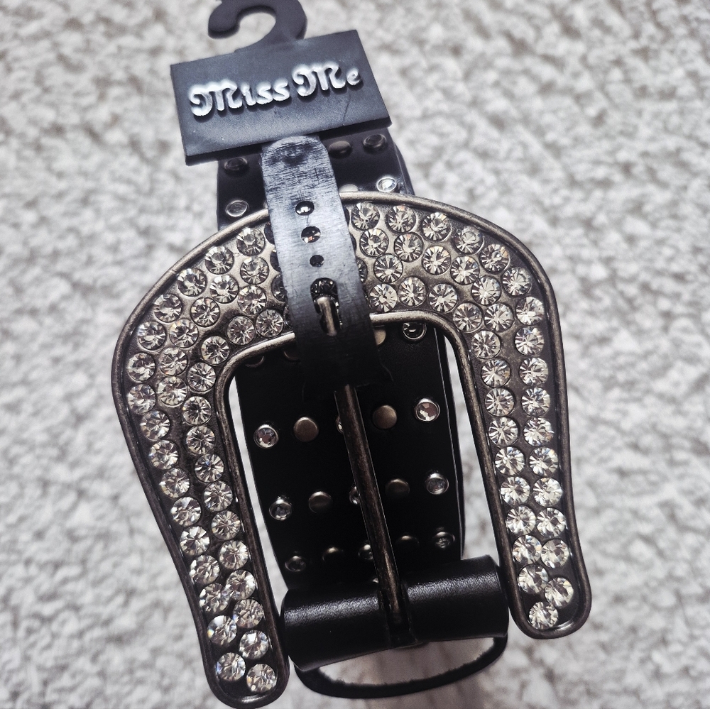 Miss Me Rhinestone Embellished Black Leather Belt XL